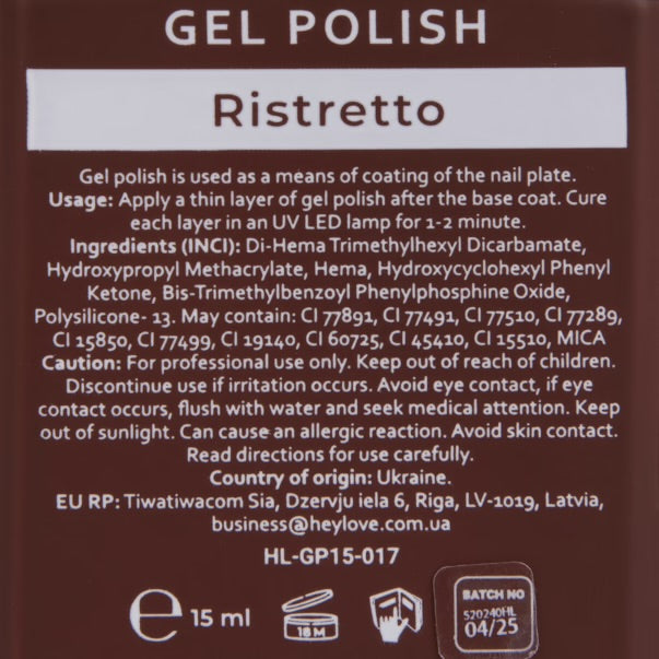 HEYLOVE  GEL POLISH RISTRETTO  15 ml