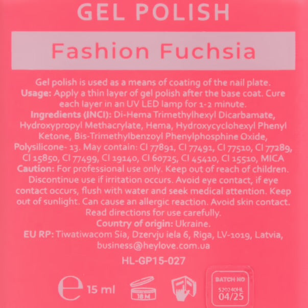 HEYLOVE  GEL POLISH FASHION FUCHSIA  15 Ml