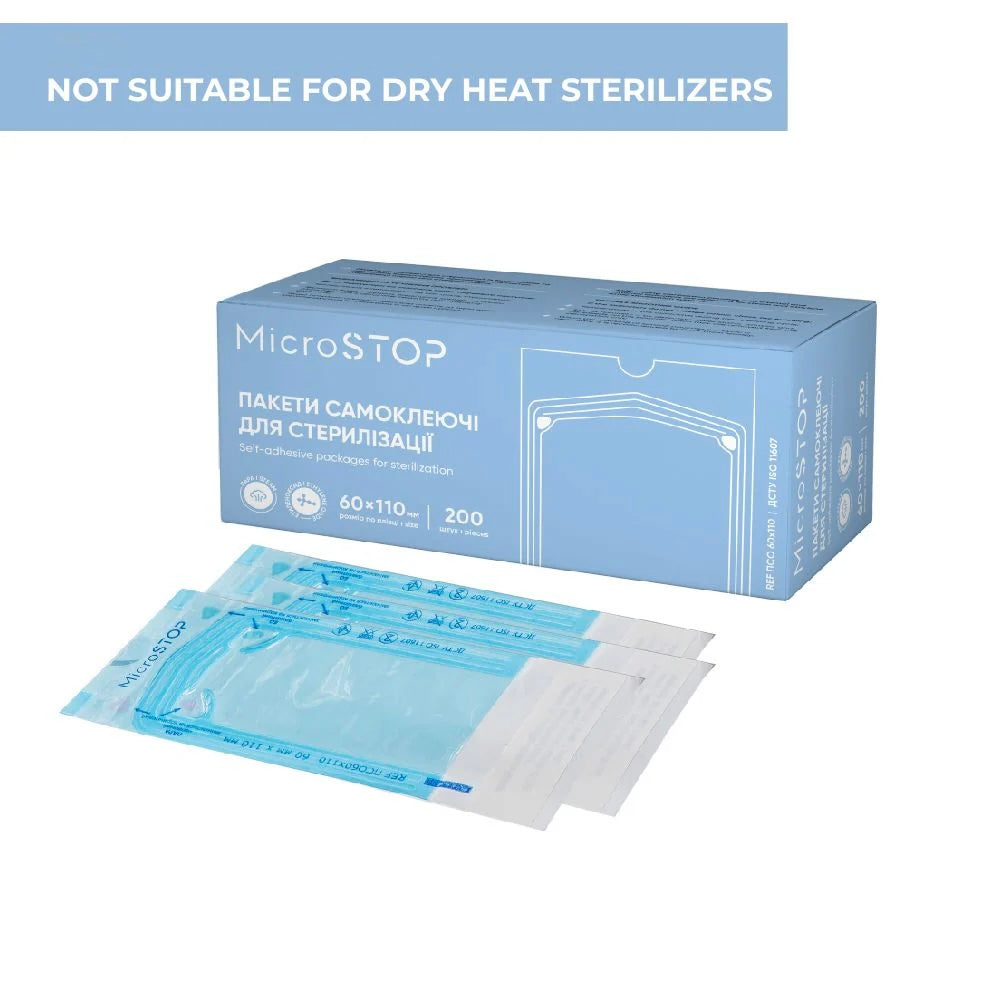 MicroStop self-adhesive pouches for AUTOCLAVE sterilization ONLY, 60x110 mm (200 pcs)